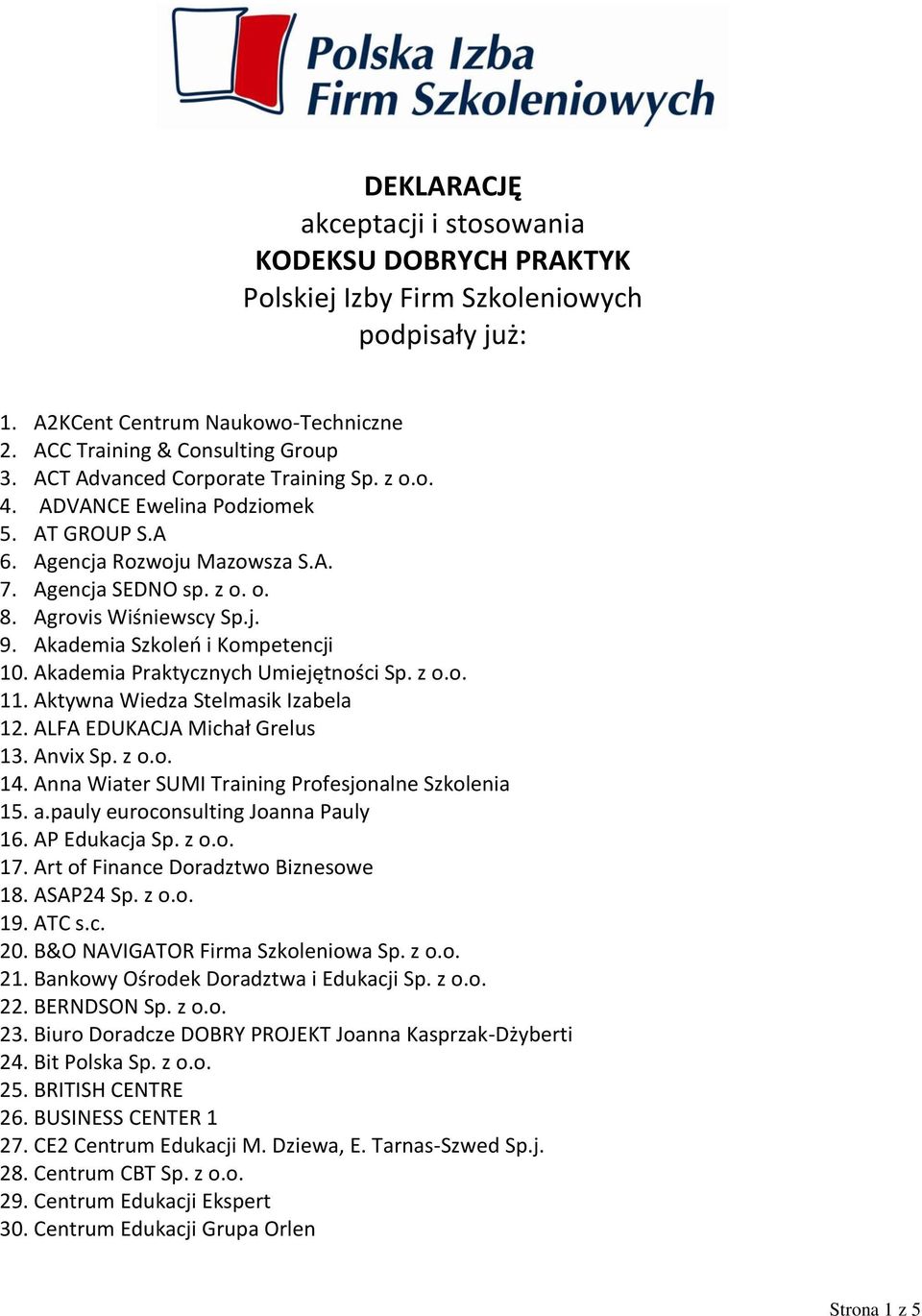 Akademia Szkoleń i Kompetencji 10. Akademia Praktycznych Umiejętności Sp. z o.o. 11. Aktywna Wiedza Stelmasik Izabela 12. ALFA EDUKACJA Michał Grelus 13. Anvix Sp. z o.o. 14.