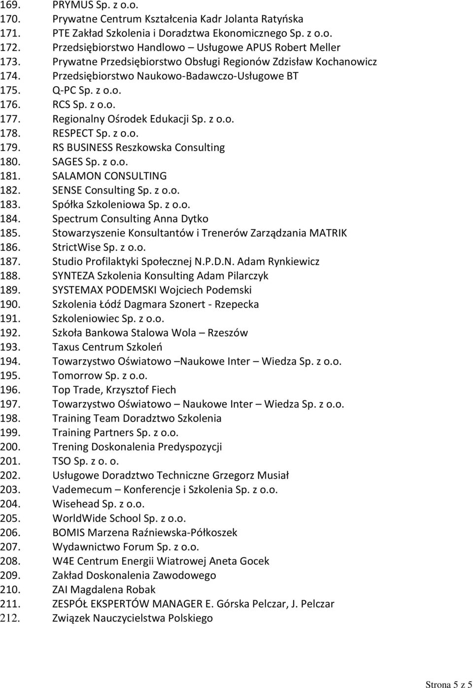 RCS Sp. z o.o. 177. Regionalny Ośrodek Edukacji Sp. z o.o. 178. RESPECT Sp. z o.o. 179. RS BUSINESS Reszkowska Consulting 180. SAGES Sp. z o.o. 181. SALAMON CONSULTING 182. SENSE Consulting Sp. z o.o. 183.