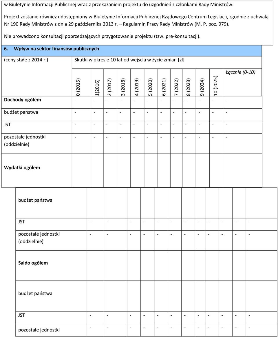 Regulamin Pracy Rady Ministrów (M. P. poz. 979). Nie prowadzono konsultacji poprzedzających przygotowanie projektu (tzw. pre-konsultacji). 6. Wpływ na sektor finansów publicznych (ceny stałe z 2014 r.