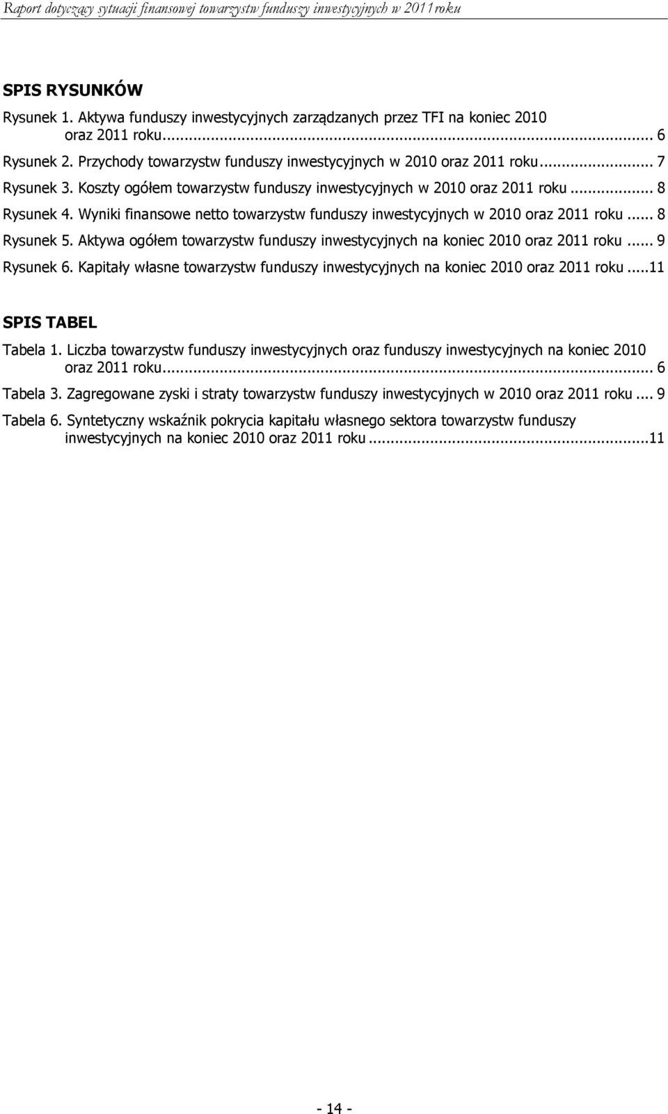 Aktywa ogółem towarzystw funduszy inwestycyjnych na koniec 2010 oraz 2011 roku... 9 Rysunek 6. Kapitały własne towarzystw funduszy inwestycyjnych na koniec 2010 oraz 2011 roku...11 SPIS TABEL Tabela 1.