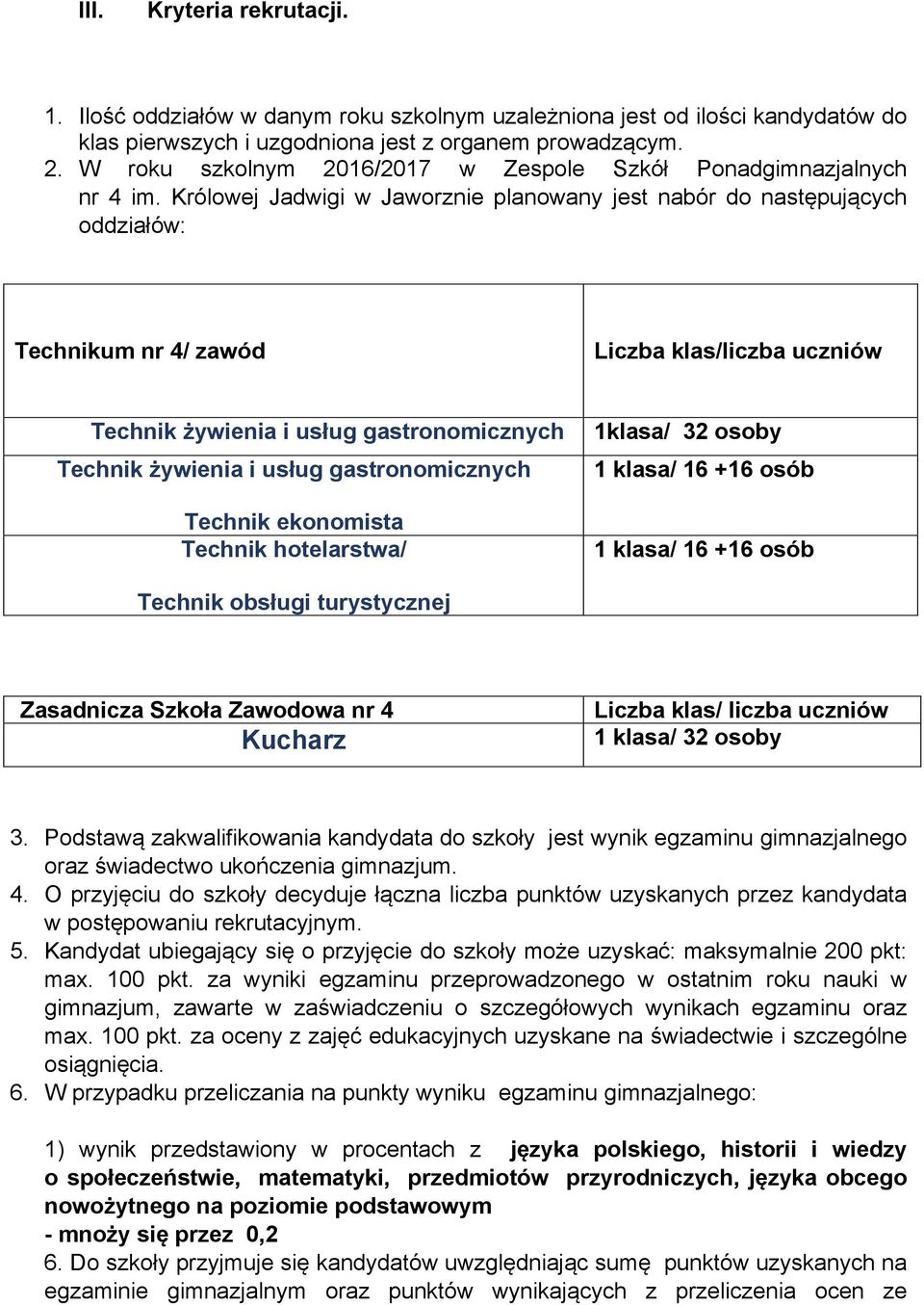 Królowej Jadwigi w Jaworznie planowany jest nabór do następujących oddziałów: Technikum nr 4/ zawód Liczba klas/liczba uczniów Technik żywienia i usług gastronomicznych Technik żywienia i usług