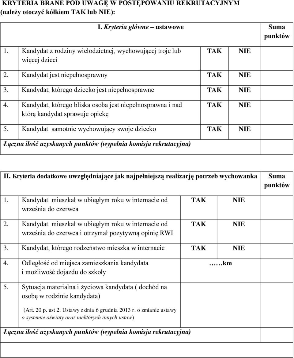 Kandydat samotnie wychowujący swoje dziecko Łączna ilość uzyskanych (wypełnia komisja rekrutacyjna) II. Kryteria dodatkowe uwzględniające jak najpełniejszą realizację potrzeb wychowanka Suma 1.