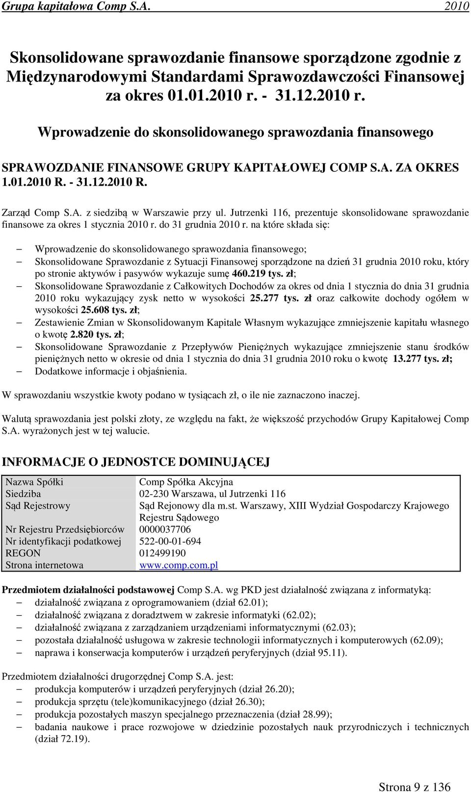 Jutrzenki 116, prezentuje skonsolidowane sprawozdanie finansowe za okres 1 stycznia 2010 r. do 31 grudnia 2010 r.