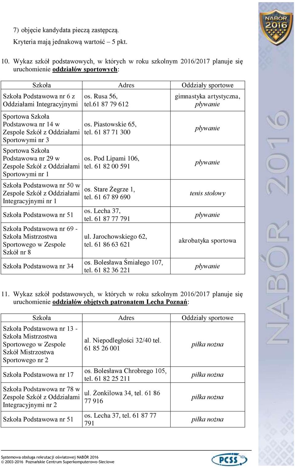 Szkoła Podstawowa nr 14 w Zespole Szkół z Oddziałami Sportowymi nr 3 Sportowa Szkoła Podstawowa nr 29 w Zespole Szkół z Oddziałami Sportowymi nr 1 Szkoła Podstawowa nr 50 w Zespole Szkół z Oddziałami