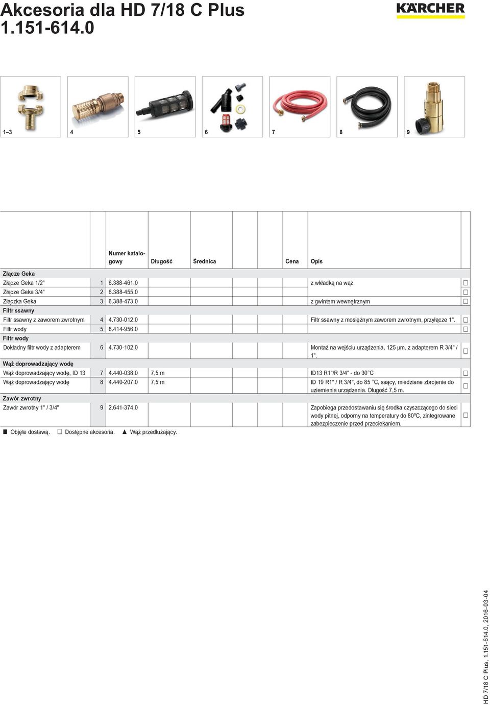 0 Filtr wody Dokładny filtr wody z adapterem 6 4.730-102.0 Montaż na wejściu urządzenia, 125 μm, z adapterem R 3/4" / 1". Wąż doprowadzający wodę Wąż doprowadzający wodę, ID 13 7 4.440-038.