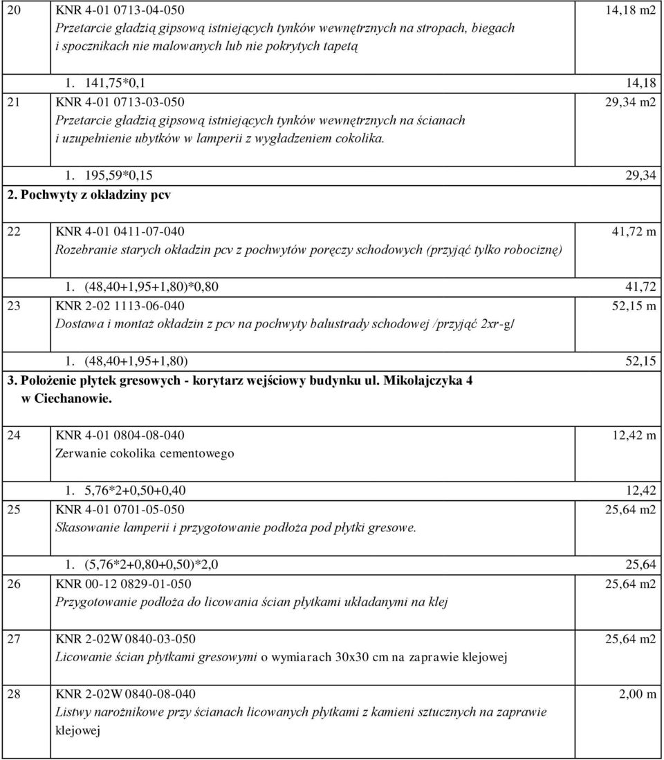 195,59*0,15 29,34 2. Pochwyty z okładziny pcv 22 KNR 4-01 0411-07-040 Rozebranie starych okładzin pcv z pochwytów poręczy schodowych (przyjąć tylko robociznę) 41,72 m 1.