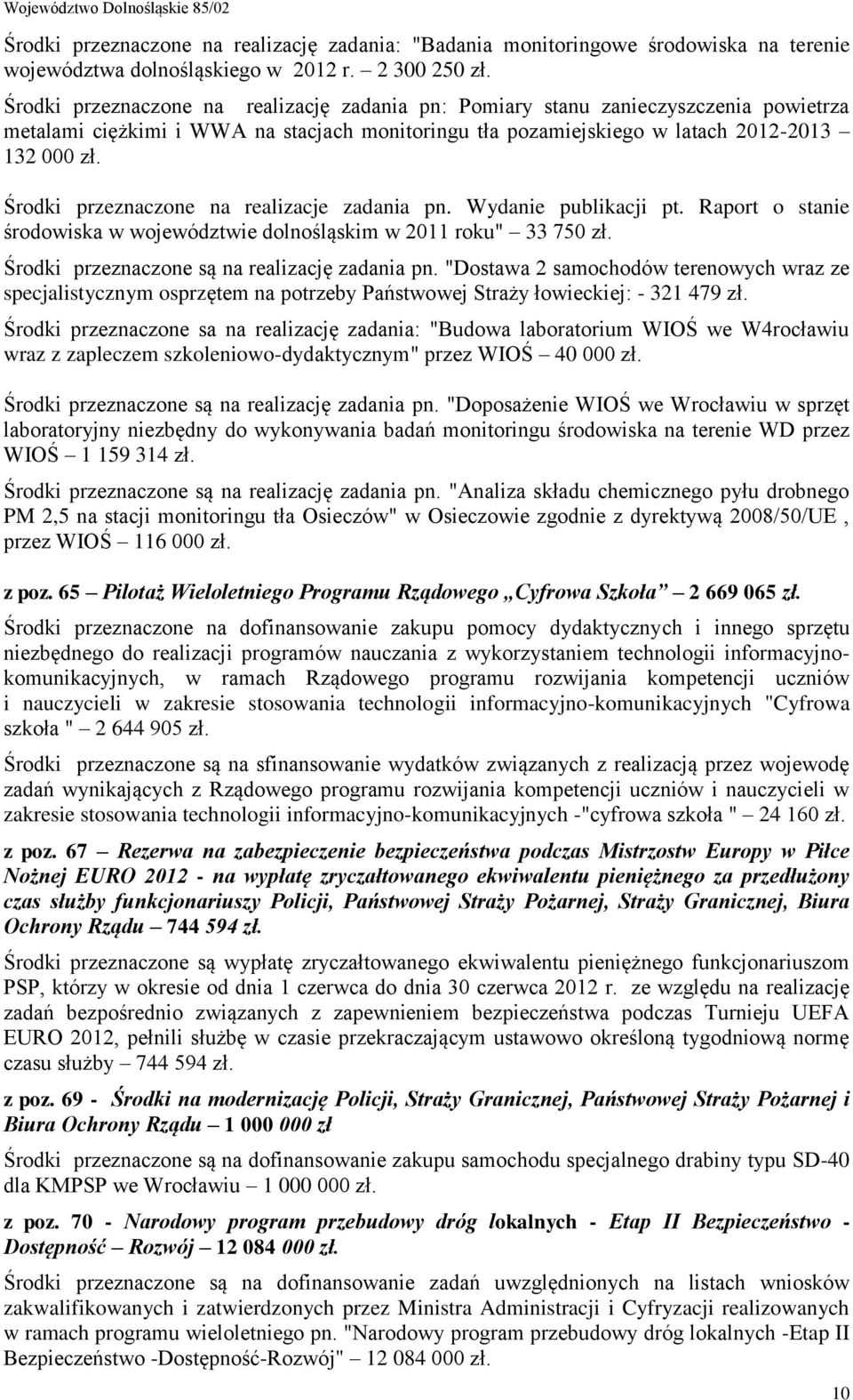 Środki przeznaczone na realizacje zadania pn. Wydanie publikacji pt. Raport o stanie środowiska w województwie dolnośląskim w 2011 roku" 33 750 zł. Środki przeznaczone są na realizację zadania pn.