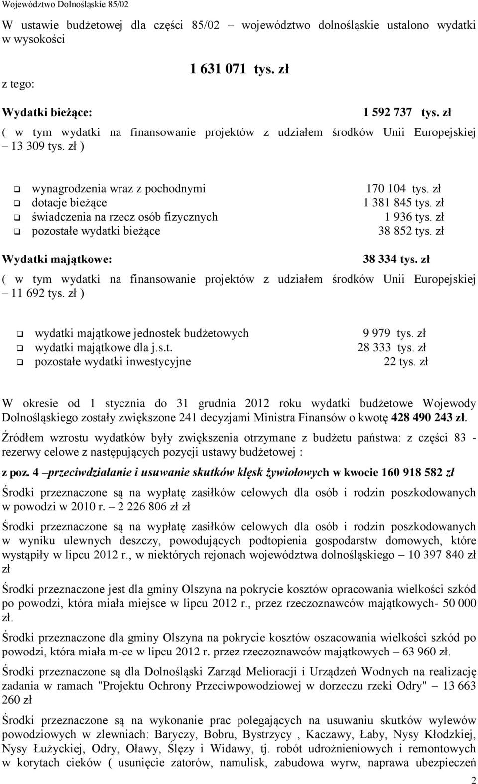 zł świadczenia na rzecz osób fizycznych 1 936 tys. zł pozostałe wydatki bieżące 38 852 tys. zł Wydatki majątkowe: 38 334 tys.