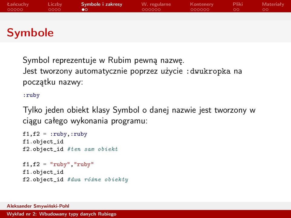 jeden obiekt klasy Symbol o danej nazwie jest tworzony w ciągu całego wykonania