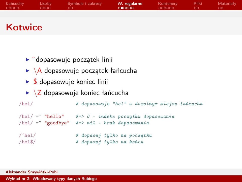 /ˆhel/ /hel$/ # dopasowuje "hel" w dowolnym miejsu łańcucha #=> 0 - indeks początku