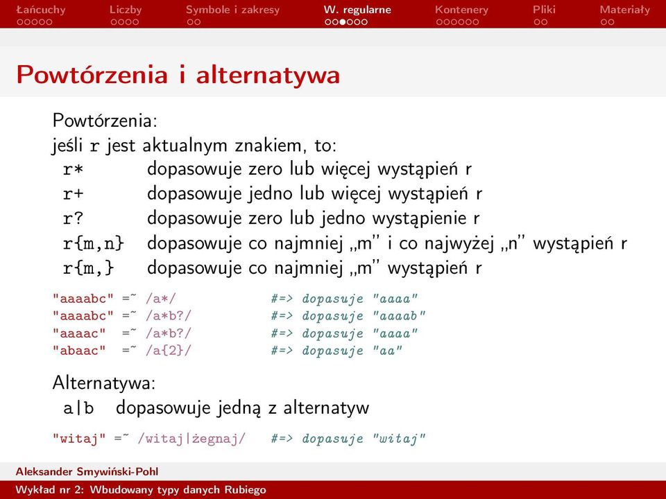 dopasowuje zero lub jedno wystąpienie r r{m,n} dopasowuje co najmniej m i co najwyżej n wystąpień r r{m,} dopasowuje co najmniej m