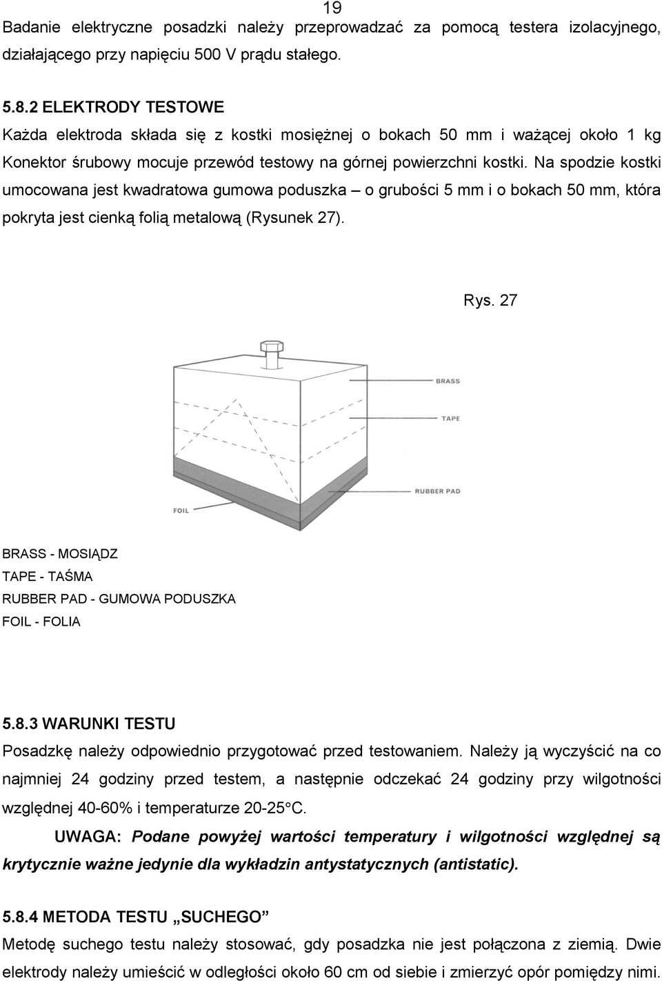 Na spodzie kostki umocowana jest kwadratowa gumowa poduszka o grubości 5 mm i o bokach 50 mm, która pokryta jest cienką folią metalową (Rysunek 27). Rys.