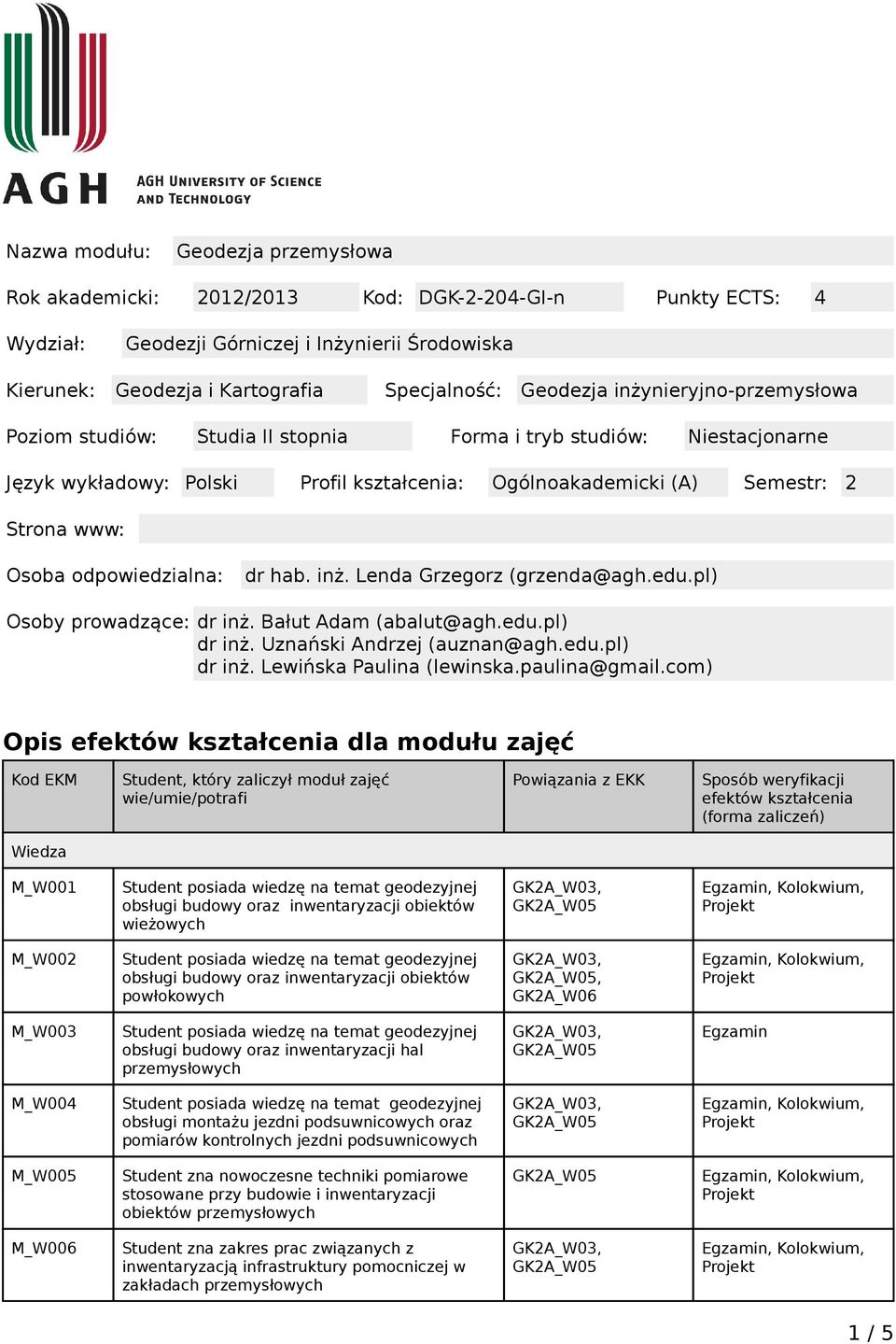 odpowiedzialna: dr hab. inż. Lenda Grzegorz (grzenda@agh.edu.pl) Osoby prowadzące: dr inż. Bałut Adam (abalut@agh.edu.pl) dr inż. Uznański Andrzej (auznan@agh.edu.pl) dr inż. Lewińska Paulina (lewinska.