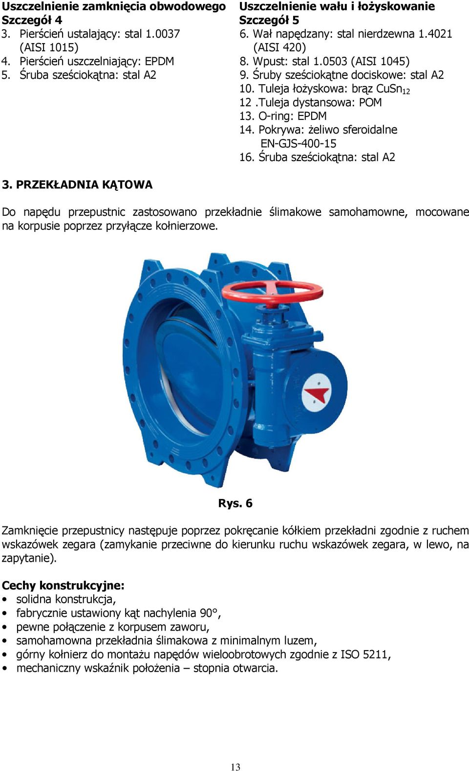 Śruby sześciokątne dociskowe: stal A2 10. Tuleja łożyskowa: brąz CuSn 12 12.Tuleja dystansowa: POM 13. O-ring: EPDM 14. Pokrywa: żeliwo sferoidalne EN-GJS-400-15 16. Śruba sześciokątna: stal A2 3.