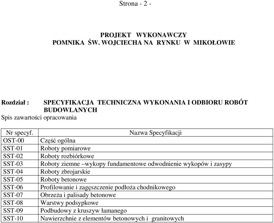 OST-00 SST-01 SST-02 SST-03 SST-04 SST-05 SST-06 SST-07 SST-08 SST-09 SST-10 Nazwa Specyfikacji Część ogólna Roboty pomiarowe Roboty rozbiórkowe