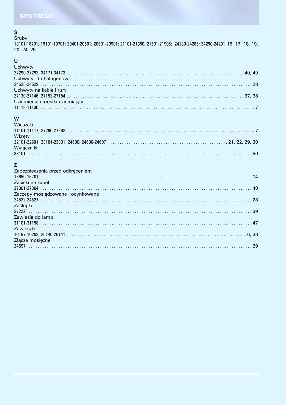 ............................................................................ 37, 38 Uziemienia i mostki uziemiaj¹ce 11118-11130............................................................................................. 7 W Wieszaki 11101-11117; 27290-27292.