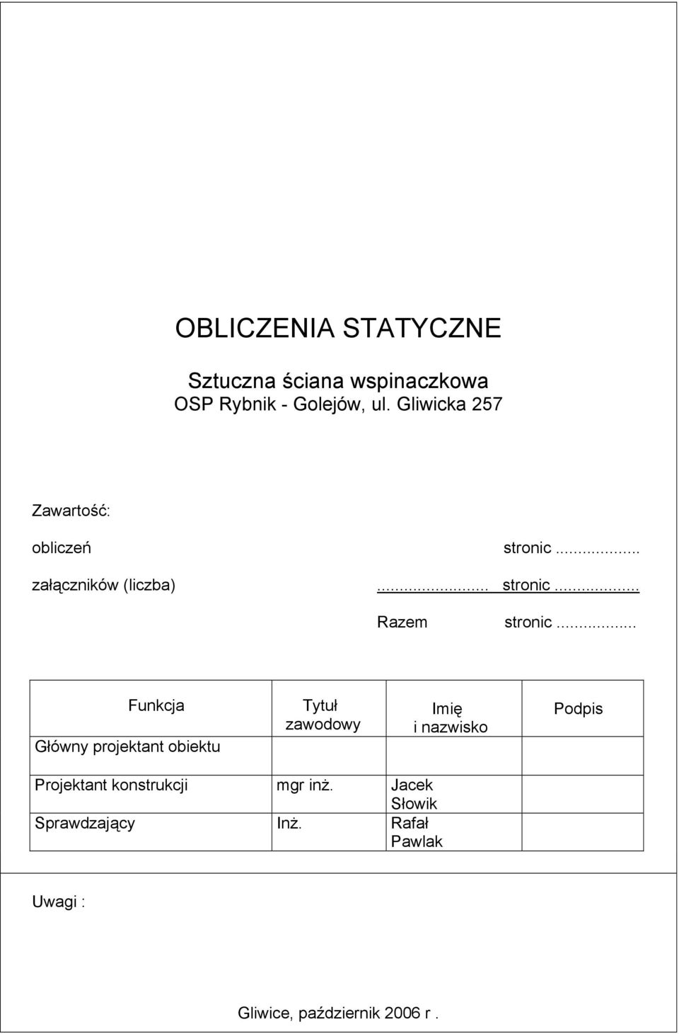 .. Funkcja Główny projektant obiektu Tytuł zawodowy Imię i nazwisko Podpis Projektant