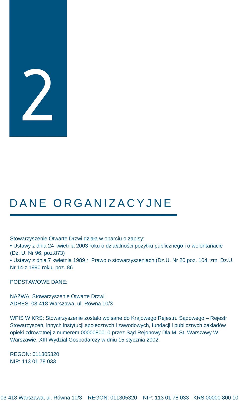 86 PODSTAWOWE DANE: NAZWA: Stowarzyszenie Otwarte Drzwi ADRES: 03 418 Warszawa, ul.