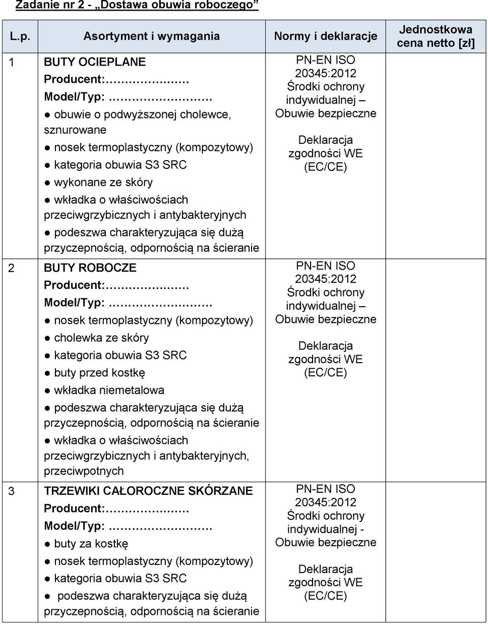 właściwościach przeciwgrzybicznych i antybakteryjnych podeszwa charakteryzująca się dużą przyczepnością, odpornością na ścieranie 2 BUTY ROBOCZE nosek termoplastyczny (kompozytowy) cholewka ze skóry