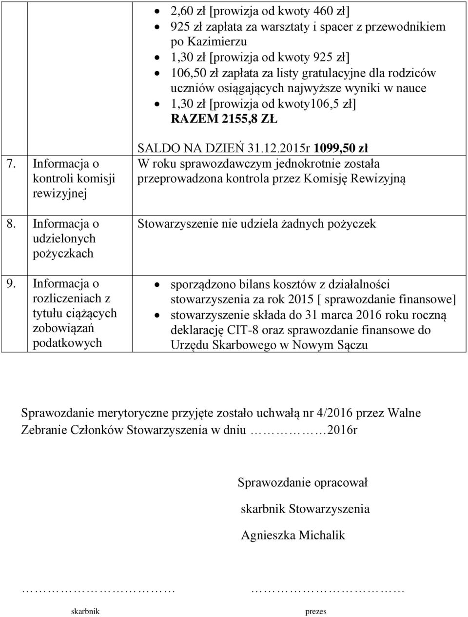 Informacja o rozliczeniach z tytułu ciążących zobowiązań podatkowych SALDO NA DZIEŃ 31.12.