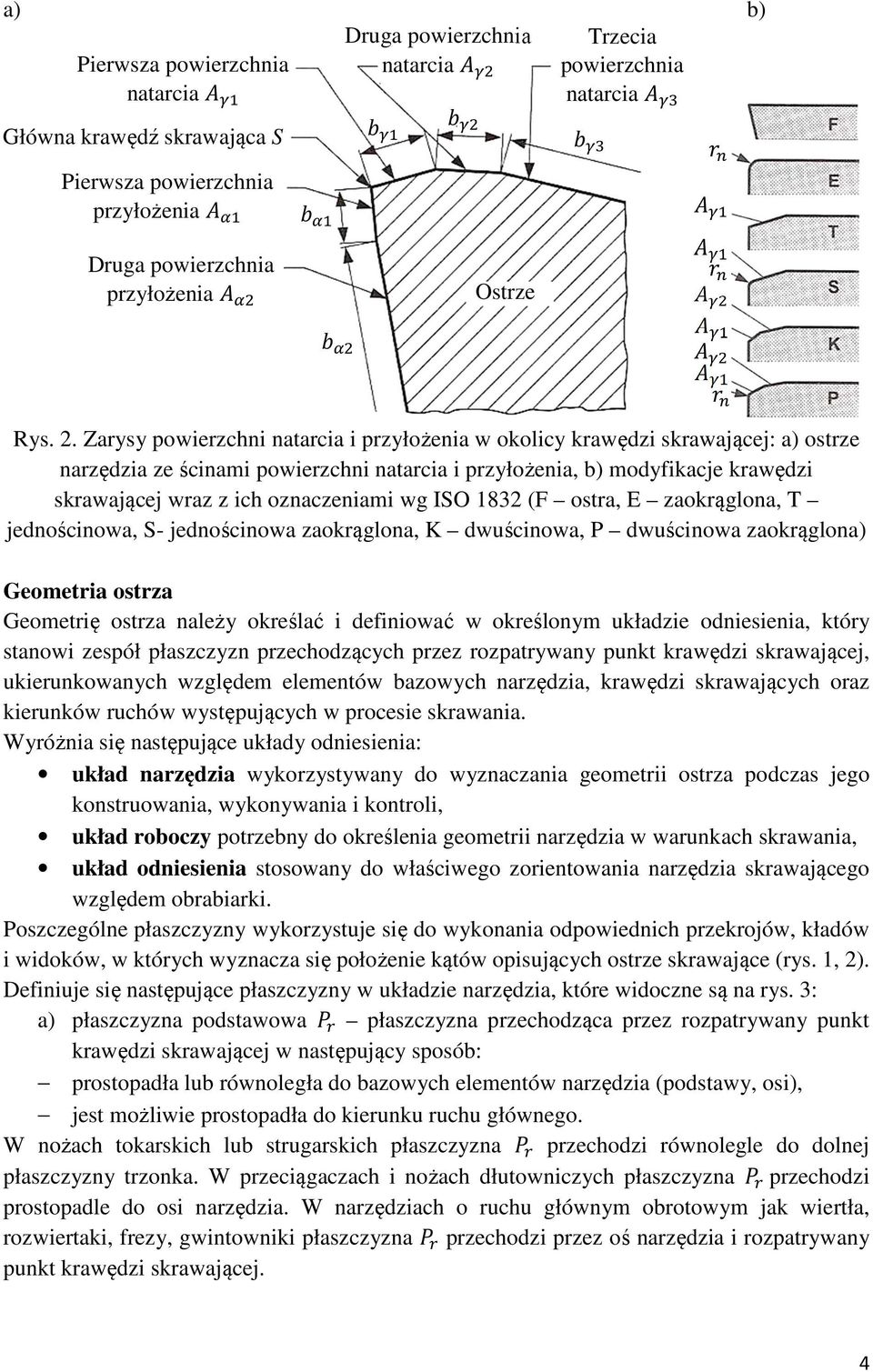 oznaczeniami wg ISO 1832 (F ostra, E zaokrąglona, T jednościnowa, S- jednościnowa zaokrąglona, K dwuścinowa, P dwuścinowa zaokrąglona) Geometria ostrza Geometrię ostrza należy określać i definiować w