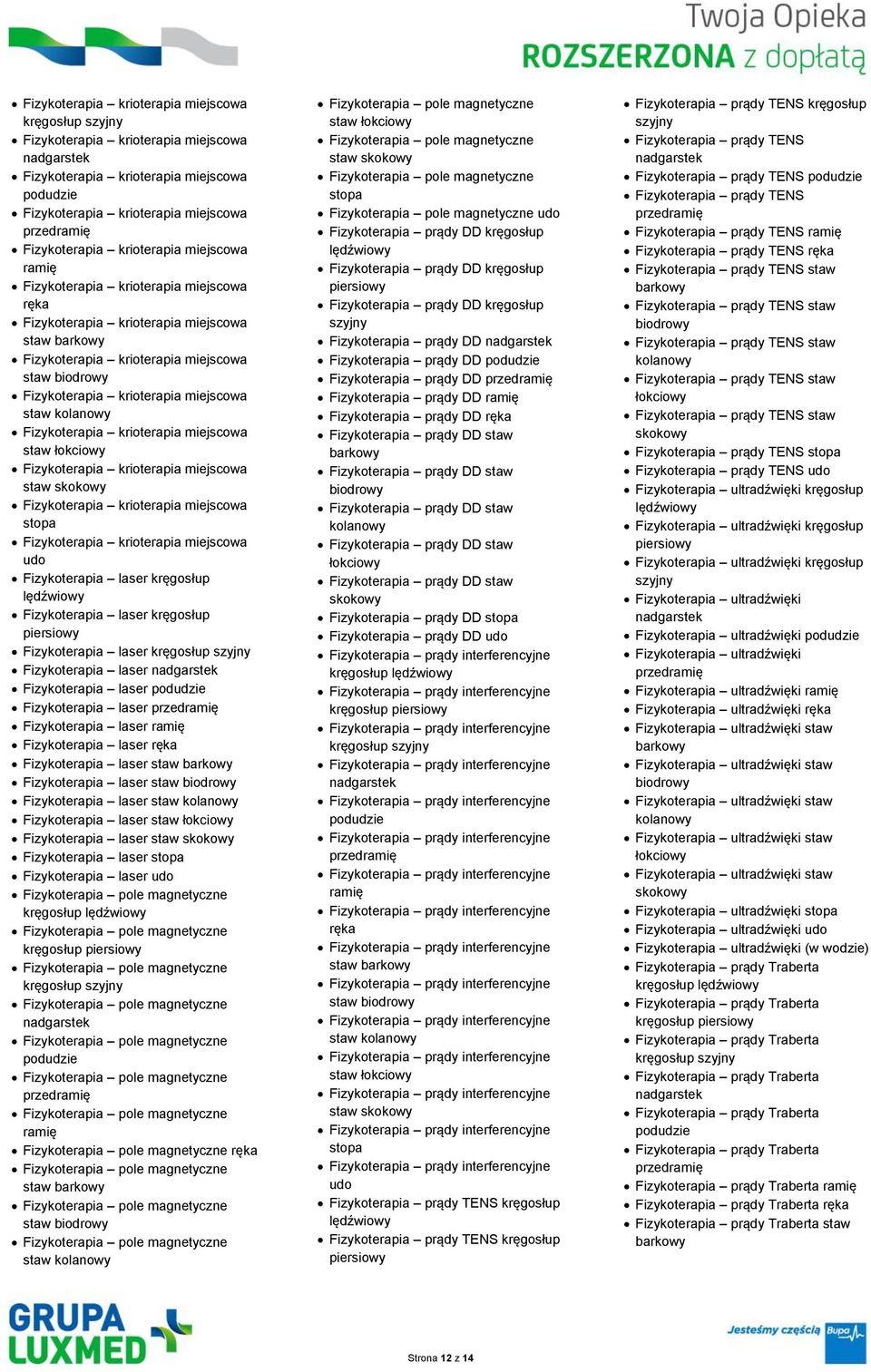 staw Fizykoterapia laser stopa Fizykoterapia laser udo kręgosłup piersiowy podudzie ramię ręka staw staw staw staw staw stopa udo Fizykoterapia prądy DD kręgosłup lędźwiowy Fizykoterapia prądy DD