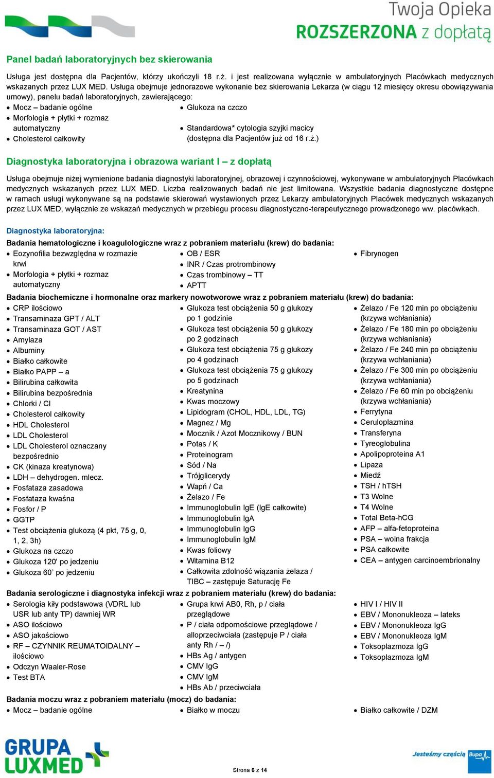 rozmaz automatyczny Cholesterol całkowity Glukoza na czczo Standardowa* cytologia szyjki macicy (dostępna dla Pacjentów już 