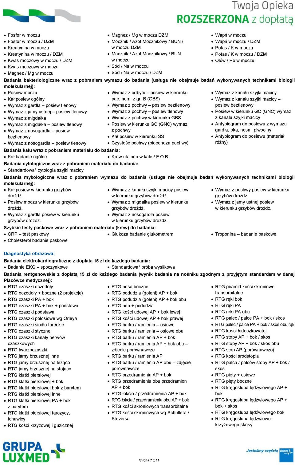 bakteriologiczne wraz z pobraniem wymazu do badania (usługa nie obejmuje badań wykonywanych technikami biologii molekularnej): Posiew moczu Kał posiew ogólny Wymaz z gardła posiew tlenowy Wymaz z