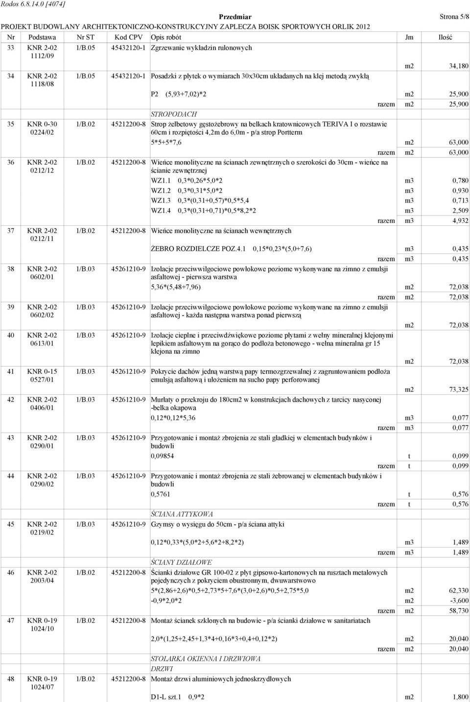 45432120-1 Posadzki z płytek o wymiarach 30x30cm układanych na klej metodą zwykłą m2 34,180 P2 (5,93+7,02)*2 m2 25,900 razem m2 25,900 STROPODACH 45212200-8 Strop żelbetowy gęstożebrowy na belkach