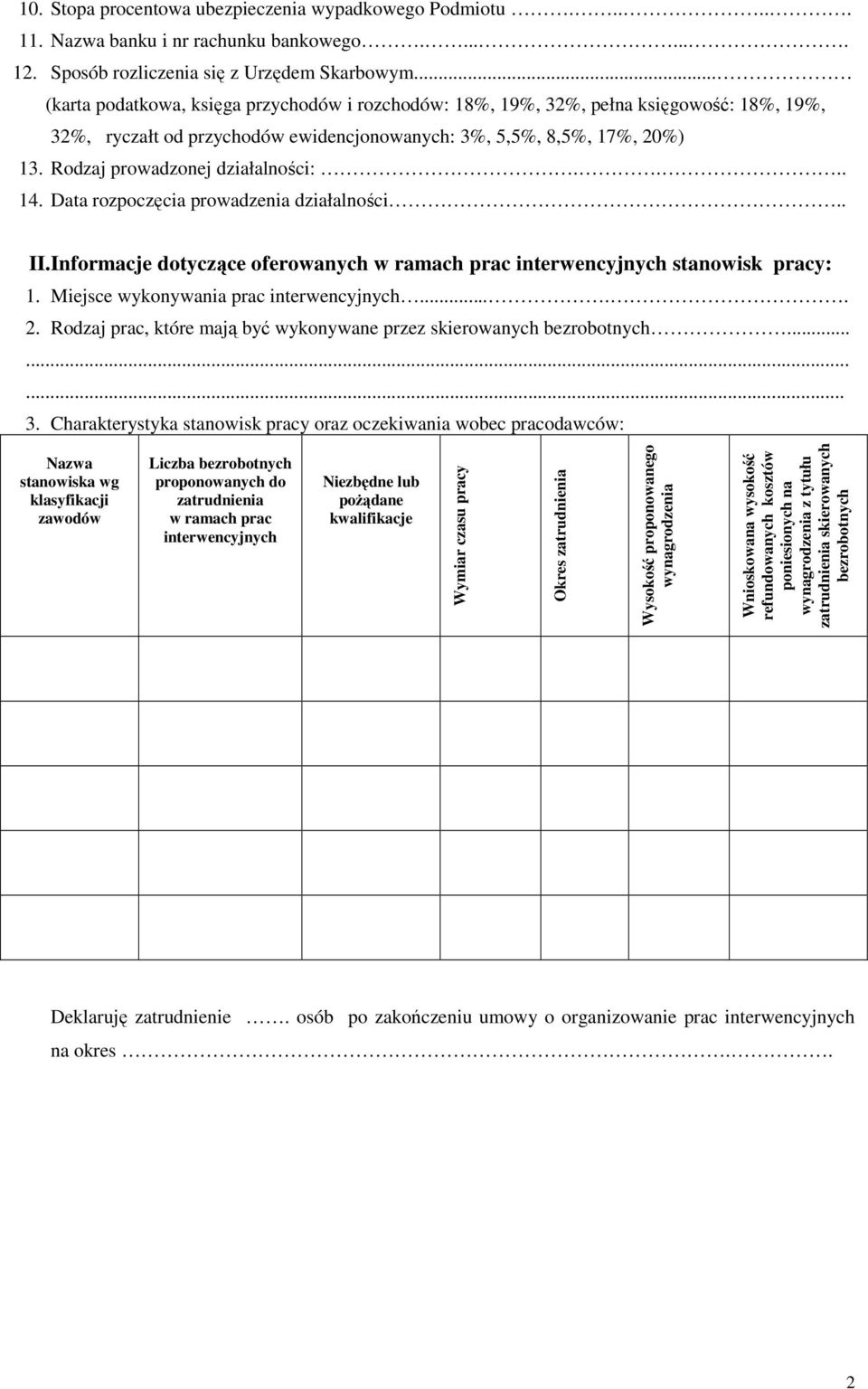 Rodzaj prowadzonej działalności:.... 14. Data rozpoczęcia prowadzenia działalności.. II.Informacje dotyczące oferowanych w ramach prac interwencyjnych stanowisk pracy: 1.