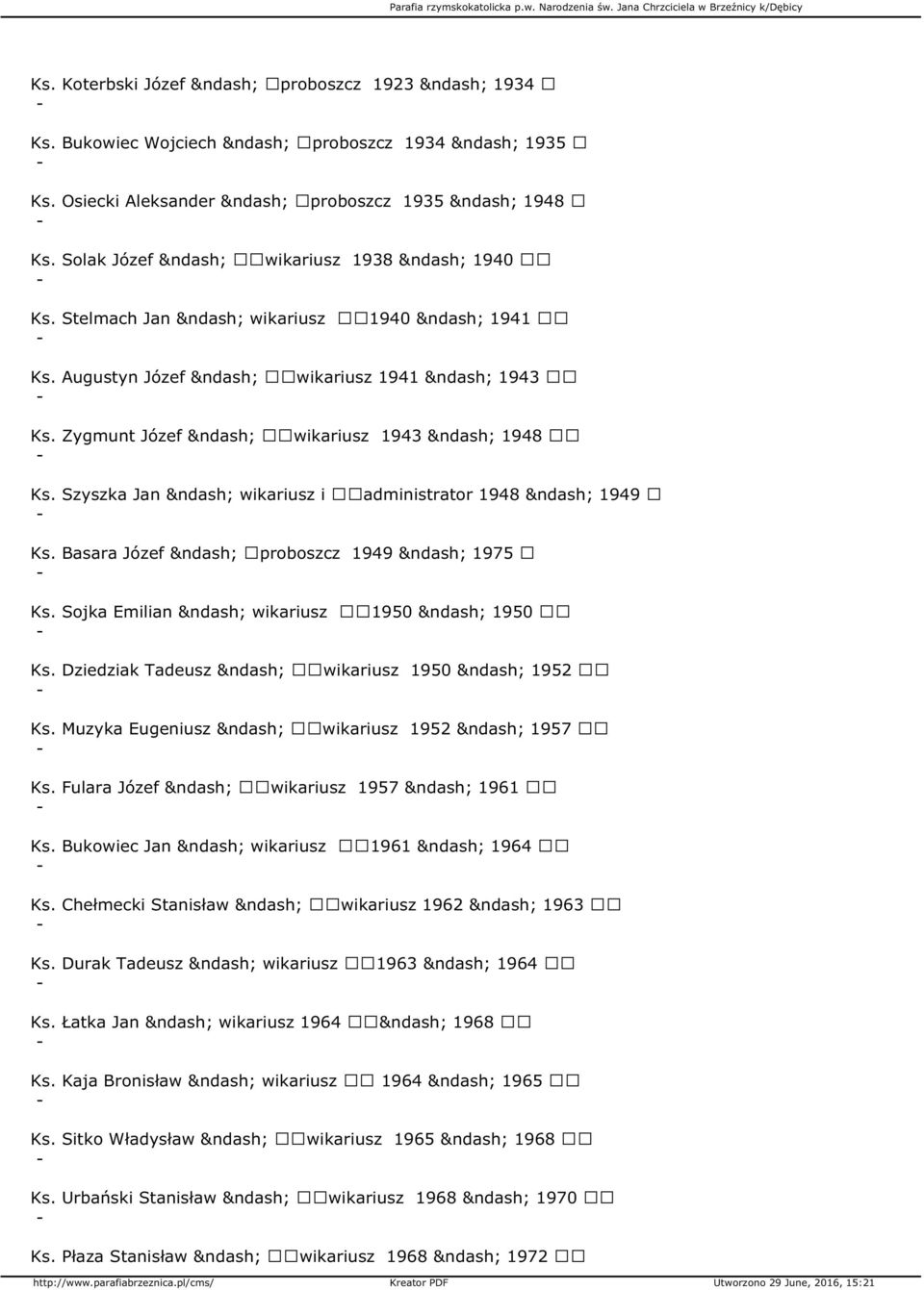 Basara Józef proboszcz 1949 1975 Ks. Sojka Emilian wikariusz 1950 1950 Ks. Dziedziak Tadeusz wikariusz 1950 1952 Ks. Muzyka Eugeniusz wikariusz 1952 1957 Ks. Fulara Józef wikariusz 1957 1961 Ks.