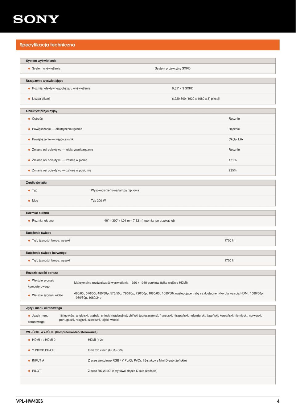 obiektywu zakres w pionie ±71% Zmiana osi obiektywu zakres w poziomie ±25% Źródło światła Typ Moc Wysokociśnieniowa lampa rtęciowa Typ 200 W Rozmiar ekranu Rozmiar ekranu 40" 300" (1,01 m 7,62 m)