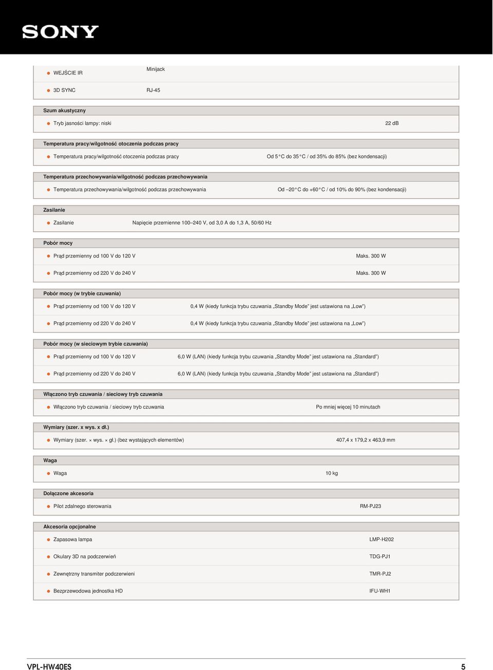 kondensacji) Zasilanie Zasilanie Napięcie przemienne 100 240 V, od 3,0 A do 1,3 A, 50/60 Hz Pobór mocy Prąd przemienny od 100 V do 120 V Prąd przemienny od 220 V do 240 V Maks. 300 W Maks.