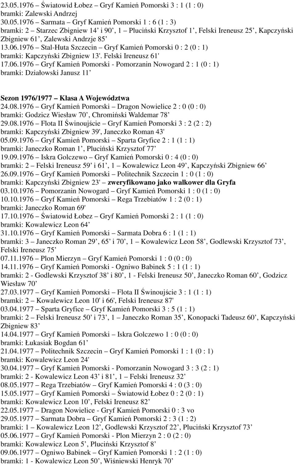 08.1976 Gryf Kamień Pomorski Dragon Nowielice 2 : 0 (0 : 0) bramki: Godzicz Wiesław 70, Chromiński Waldemar 78 29.08.1976 Flota II Świnoujście Gryf Kamień Pomorski 3 : 2 (2 : 2) bramki: Kapczyński Zbigniew 39', Janeczko Roman 43' 05.