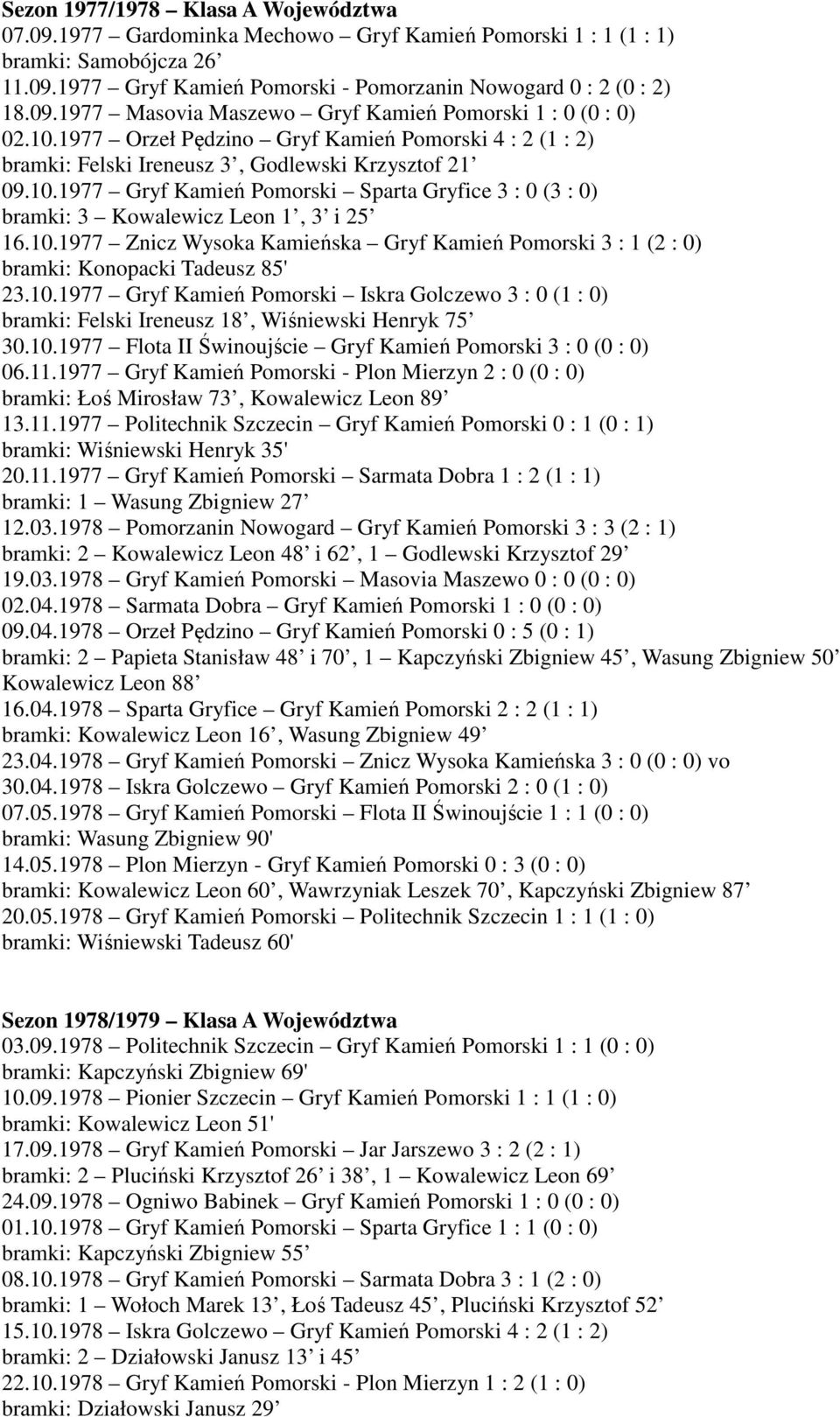 10.1977 Znicz Wysoka Kamieńska Gryf Kamień Pomorski 3 : 1 (2 : 0) bramki: Konopacki Tadeusz 85' 23.10.1977 Gryf Kamień Pomorski Iskra Golczewo 3 : 0 (1 : 0) bramki: Felski Ireneusz 18, Wiśniewski Henryk 75 30.