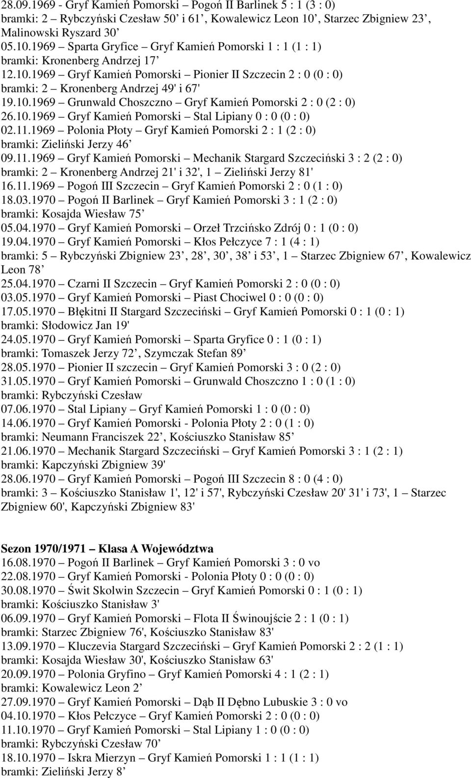 10.1969 Grunwald Choszczno Gryf Kamień Pomorski 2 : 0 (2 : 0) 26.10.1969 Gryf Kamień Pomorski Stal Lipiany 0 : 0 (0 : 0) 02.11.