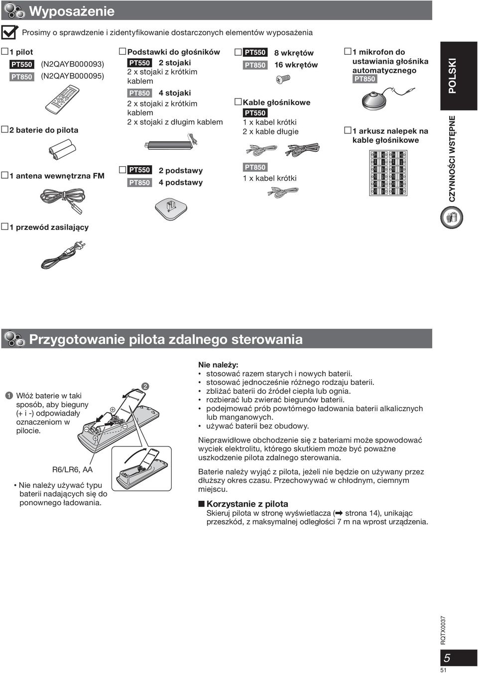 x stojaki z krótkim kablem 2 x stojaki z długim kablem 2 podstawy 4 podstawy 8 wkrętów 16 wkrętów Kable głośnikowe 1 x kabel krótki 2 x kable długie 1 x kabel krótki Przygotowanie pilota zdalnego