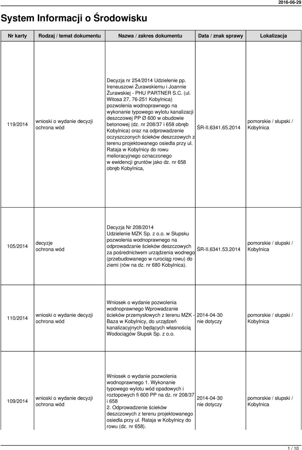 nr 208/37 i 658 obręb R-II.6341.65.2014 ) oraz na odprowadzenie oczyszczonych ścieków deszczowych z terenu projektowanego osiedla przy ul.