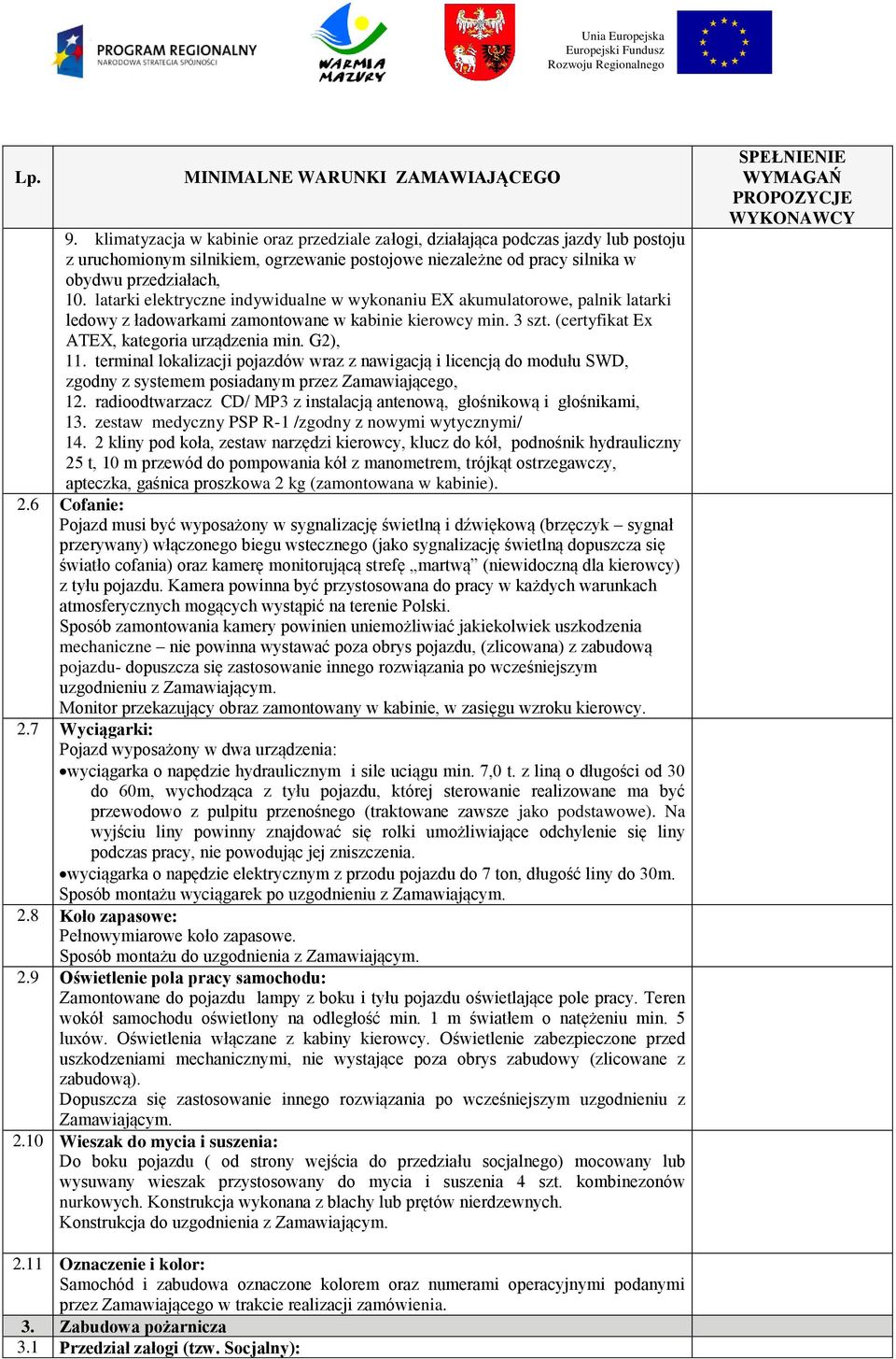 latarki elektryczne indywidualne w wykonaniu EX akumulatorowe, palnik latarki ledowy z ładowarkami zamontowane w kabinie kierowcy min. 3 szt. (certyfikat Ex ATEX, kategoria urządzenia min. G2), 11.