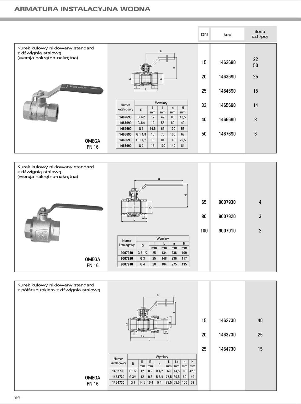 kuowy nikowany stanar z źwignią staową (wersja nakrętno-nakrętna) 65 9007930 4 80 9007920 3 100 9007910 2 OMEGA PN 16 a mm mm mm mm 9007930 G 2 1/2 25 134 236 109 9007920 G 3 25 148 236 117 9007910 G