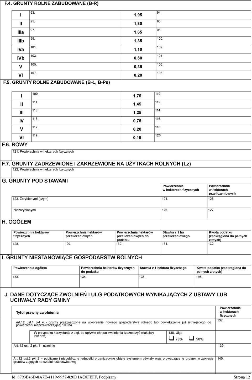 Powierzchnia w hektarach fizycznych G. GRUNTY POD STAWAMI Powierzchnia w hektarach fizycznych 123. Zarybionymi (czym) 124. 125. Powierzchnia w hektarach przeliczeniowych Niezarybionymi 126. 127. H.