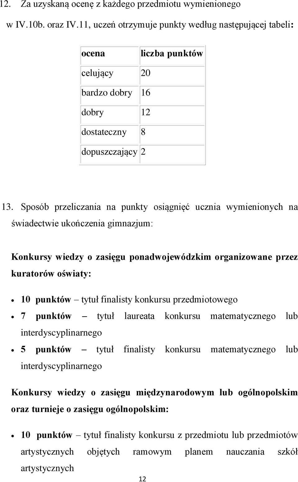 Sposób przeliczania na punkty osiągnięć ucznia wymienionych na świadectwie ukończenia gimnazjum: Konkursy wiedzy o zasięgu ponadwojewódzkim organizowane przez kuratorów oświaty: 10 punktów tytuł