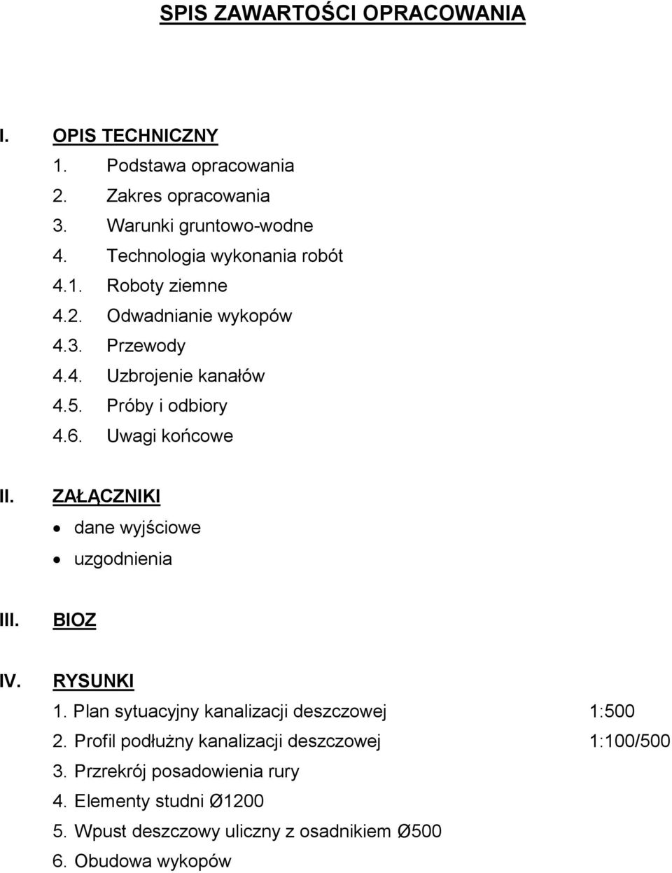 Uwagi końcowe II. ZAŁĄCZNIKI dane wyjściowe uzgodnienia III. BIOZ IV. RYSUNKI 1. Plan sytuacyjny kanalizacji deszczowej 1:500 2.