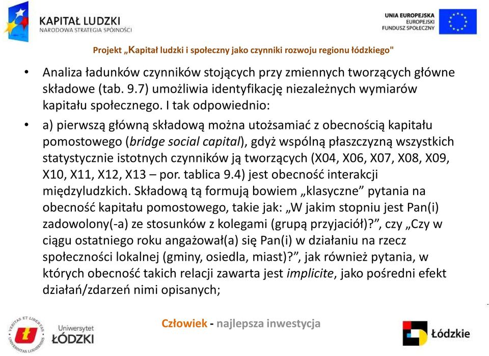 tworzących (X04, X06, X07, X08, X09, X10, X11, X12, X13 por. tablica 9.4) jest obecność interakcji międzyludzkich.