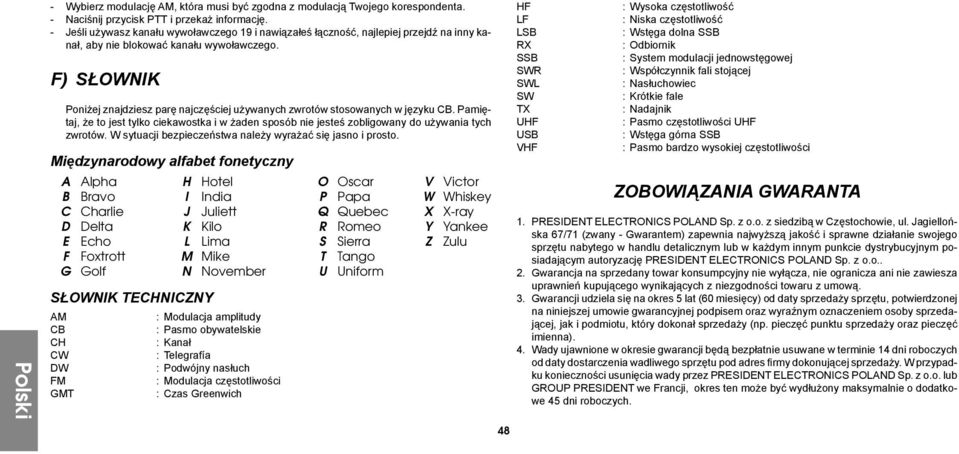 F) SŁOWNIK Poniżej znajdziesz parę najczęściej używanych zwrotów stosowanych w języku CB. Pamiętaj, że to jest tylko ciekawostka i w żaden sposób nie jesteś zobligowany do używania tych zwrotów.