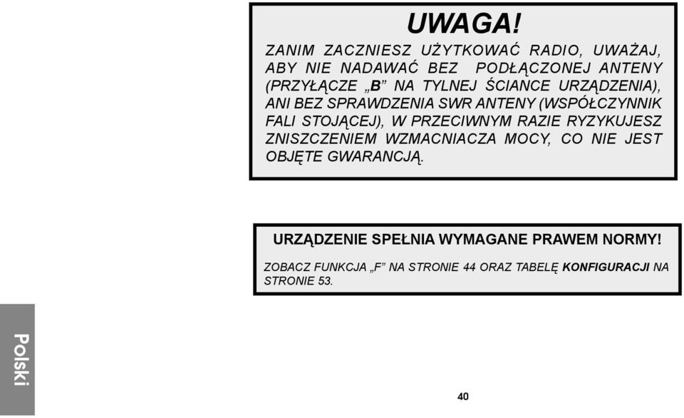 TYLNEJ ŚCIANCE URZĄDZENIA), ANI BEZ SPRAWDZENIA SWR ANTENY (WSPÓŁCZYNNIK FALI STOJĄCEJ), W PRZECIWNYM