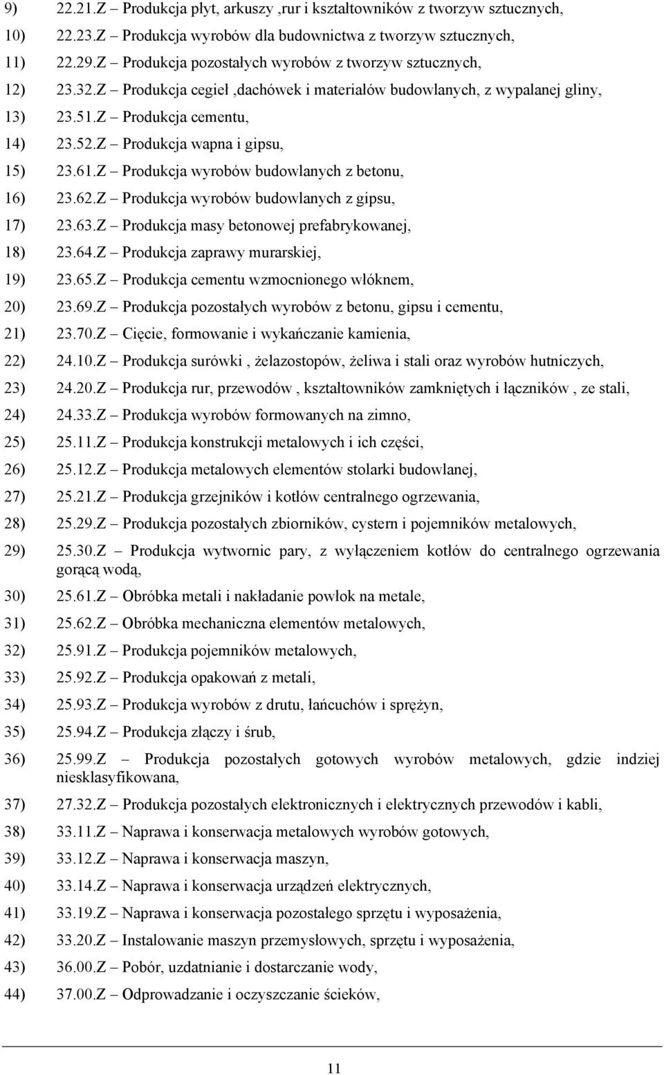 Z Produkcja wapna i gipsu, 15) 23.61.Z Produkcja wyrobów budowlanych z betonu, 16) 23.62.Z Produkcja wyrobów budowlanych z gipsu, 17) 23.63.Z Produkcja masy betonowej prefabrykowanej, 18) 23.64.