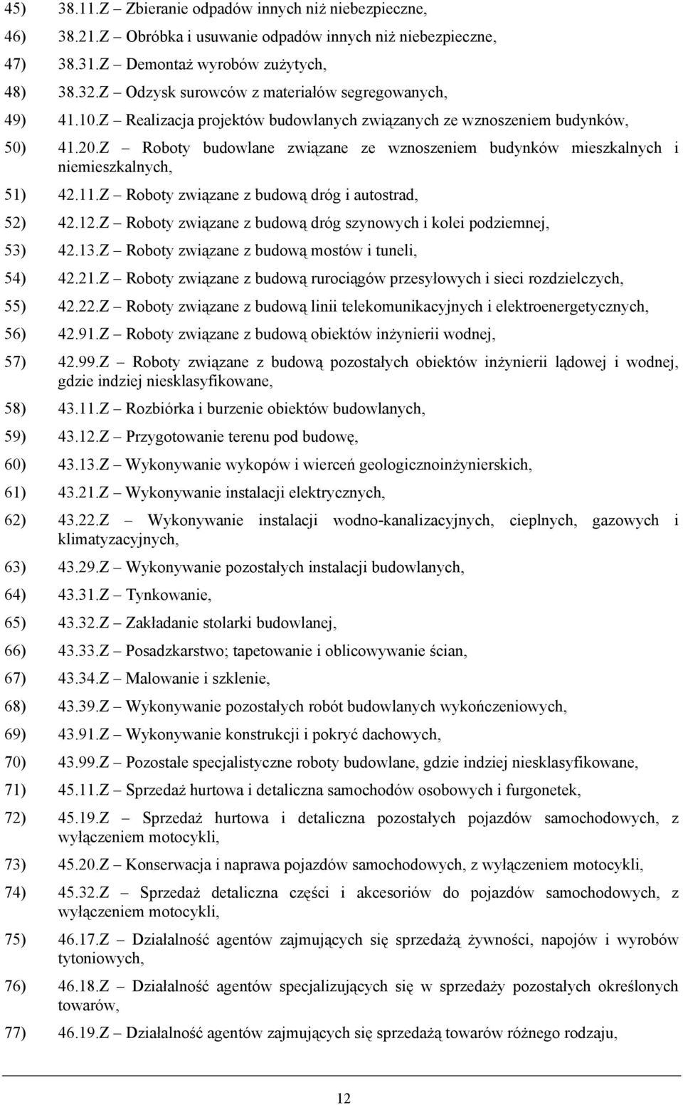 Z Roboty budowlane związane ze wznoszeniem budynków mieszkalnych i niemieszkalnych, 51) 42.11.Z Roboty związane z budową dróg i autostrad, 52) 42.12.