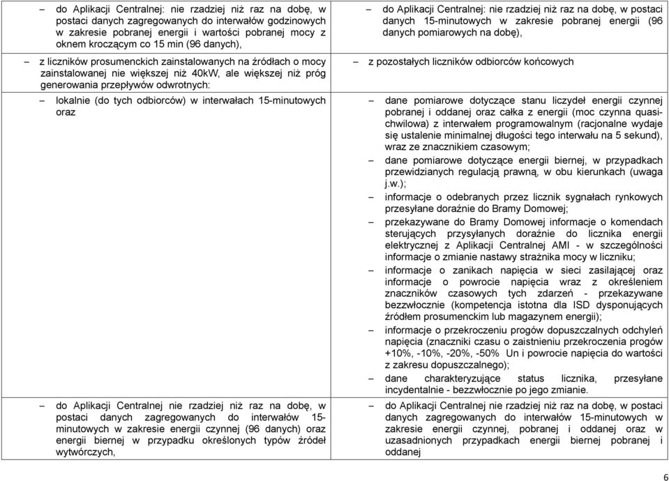 interwałach 15-minutowych oraz do Aplikacji Centralnej nie rzadziej niż raz na dobę, w postaci danych zagregowanych do interwałów 15- minutowych w zakresie energii czynnej (96 danych) oraz energii