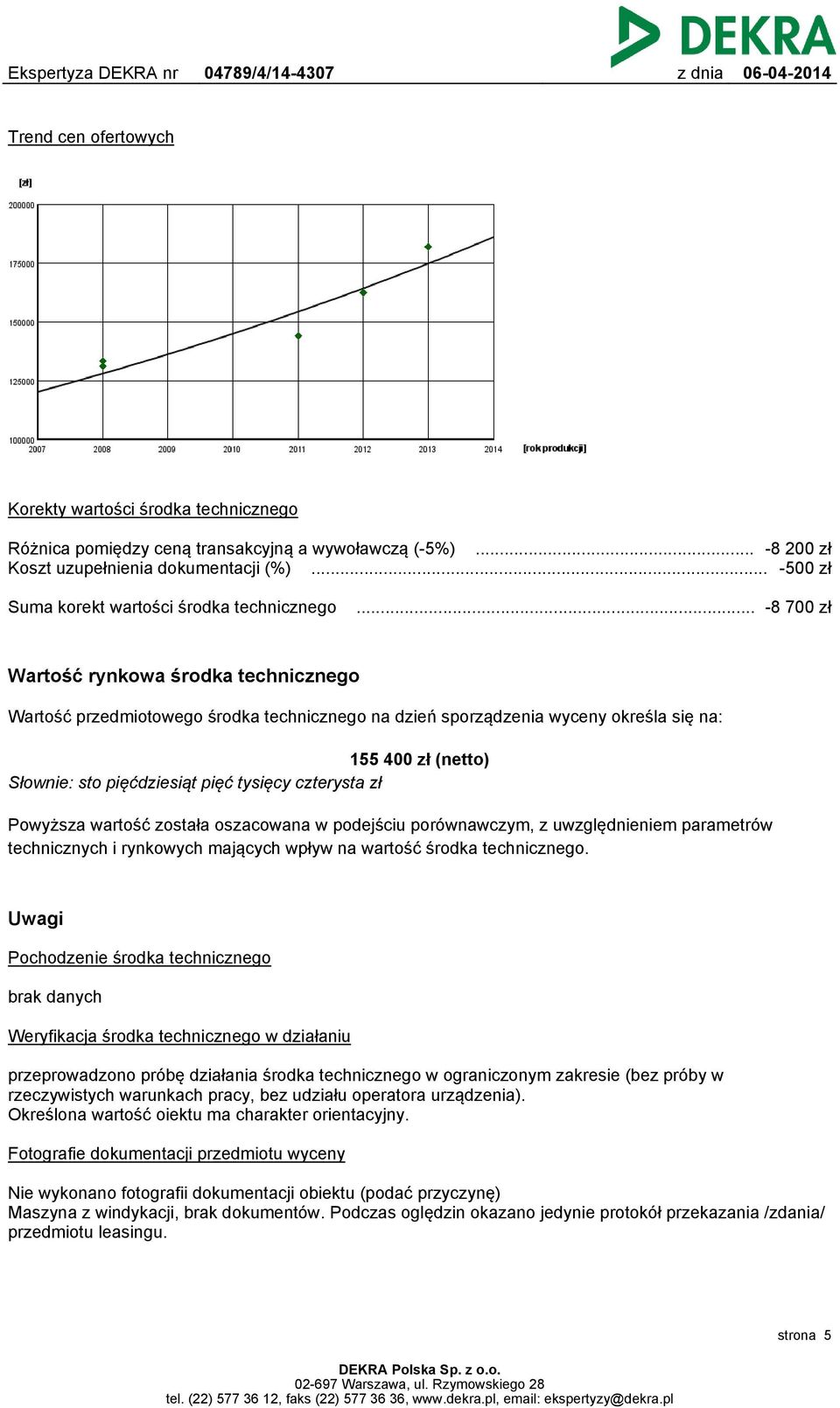 .. -8 700 zł Wartość rynkowa środka technicznego Wartość przedmiotowego środka technicznego na dzień sporządzenia wyceny określa się na: 155 400 zł (netto) Słownie: sto pięćdziesiąt pięć tysięcy